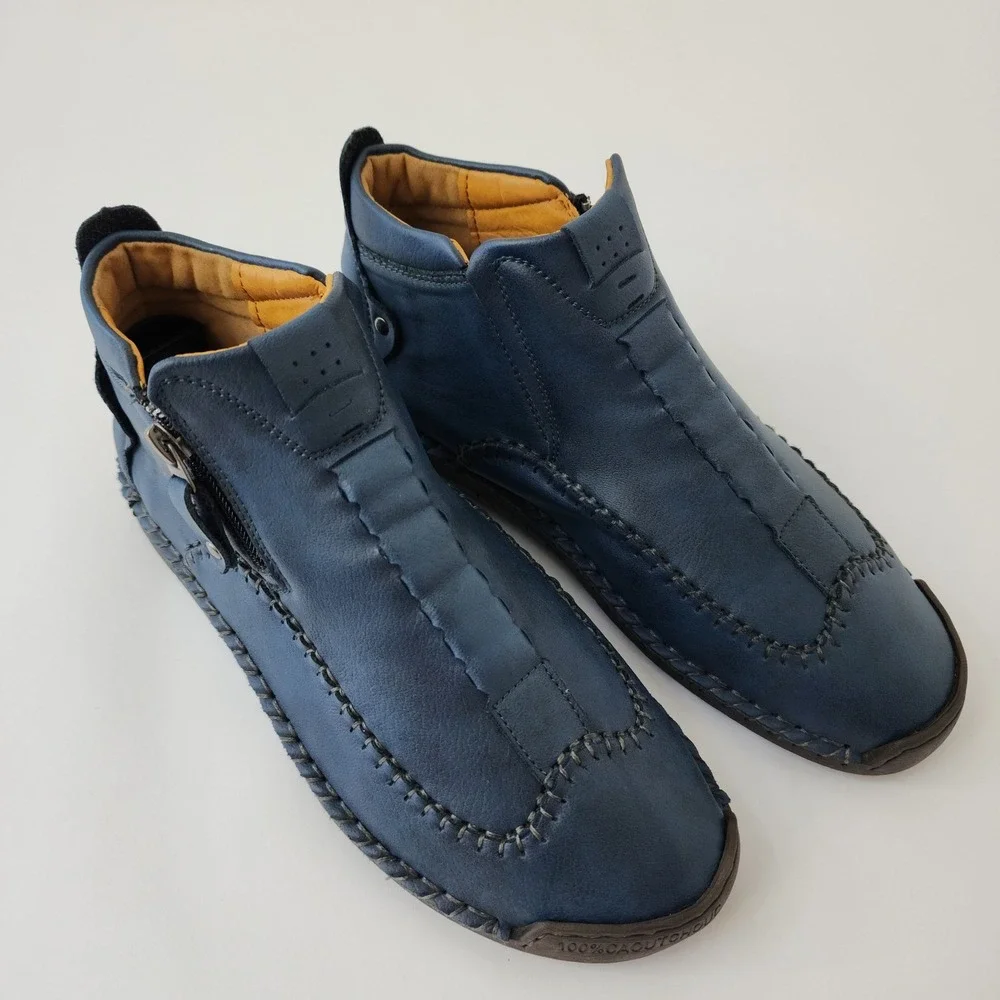 Fashion Sport Blue Leather Hand Stitched Ankle Boots Side Zip‎ Men's 7
